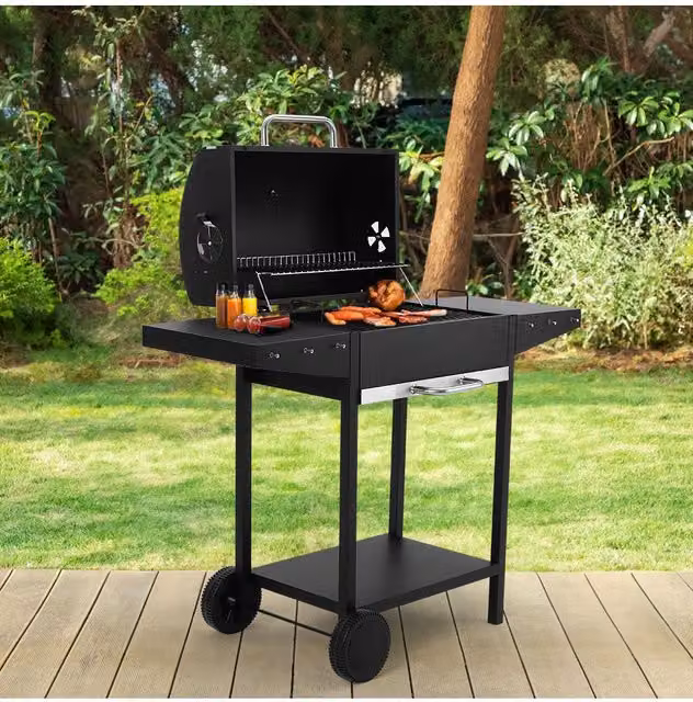 Living and Home Charcoal BBQ Grill with Side Table and Cart in Black Steel, W/D/H: 119 x 50 x 101 cm – 1