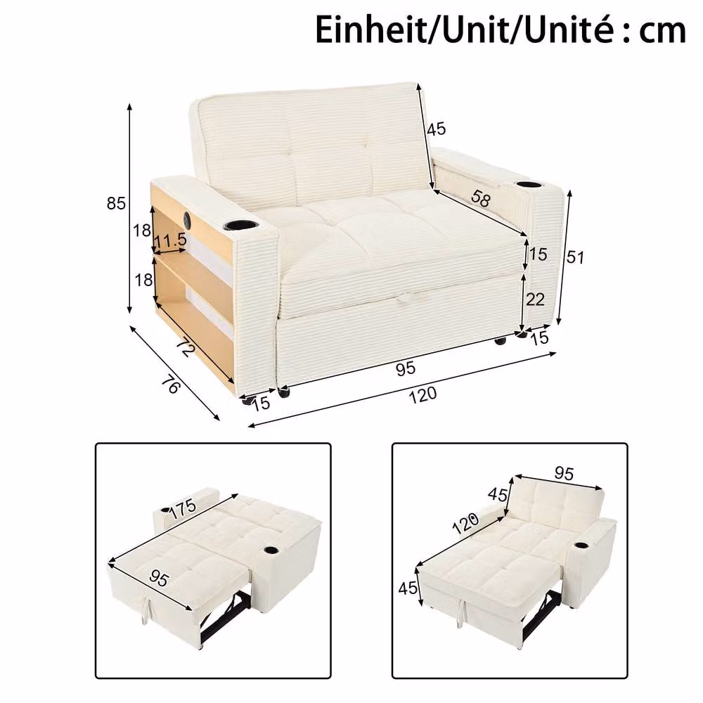 Merax 2 Seater Corduroy Convertible Pull Out Sofa Bed with LED Lighting, Cup Holders and Storage in Beige (W/D/H: 120 x 76 x 85 cm) – 2