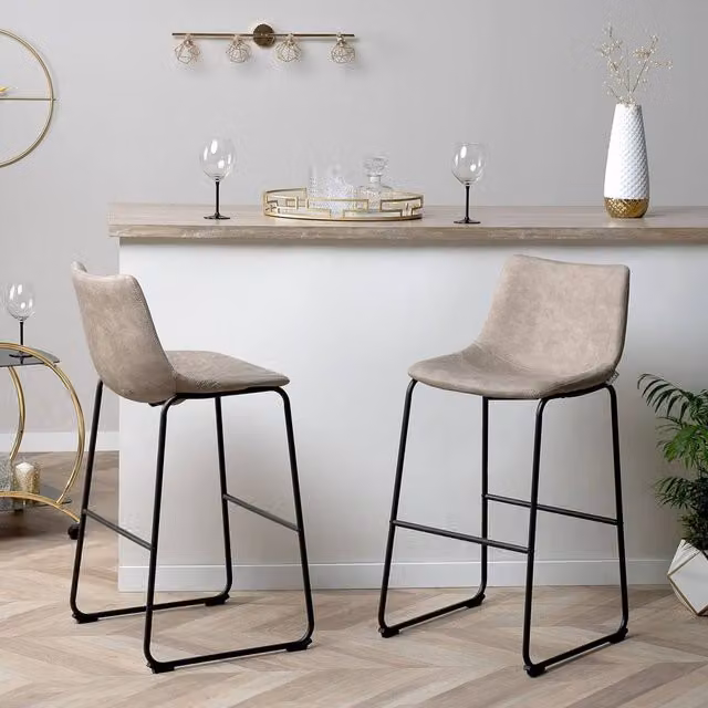 Wyld and Coco Astra Set of 2 Bar Stools in Beige Fabric with Black Metal Legs – 1