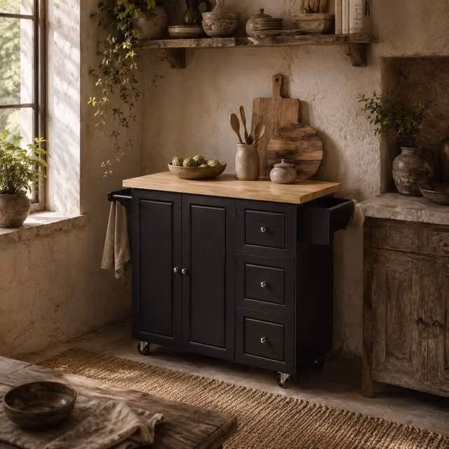 Wyld Haus Black Rolling Kitchen Island with Drop Leaf, Drawers, Towel and Spice Racks, W/D/H: 89 x 45 x 45 cm