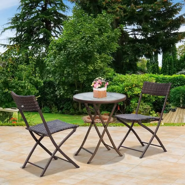 Outsunny 3-Piece Rattan Bistro Set with 2 Folding Chairs in Brown