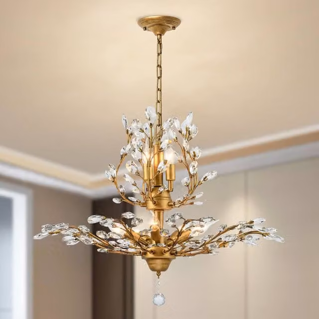 NIVOR 7 Light Crystal Empire Chandelier, Retro Adjustable Pendant Light in Gold/Brass with E14 Base – 1