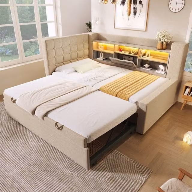 Rolipo Upholstered Single Daybed with Trundle and USB Charging Port in Beige, W/D/H: 190 x 90 x 91.44 cm – 1