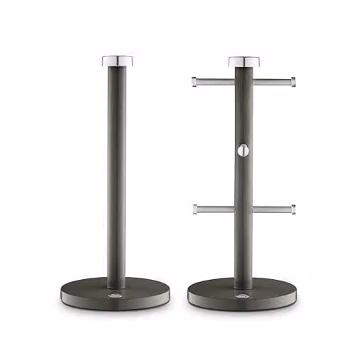 Swan Freestanding Metal Kitchen Towel Pole and 6 Mug Tree Set in Grey with Weighted Bases – 1