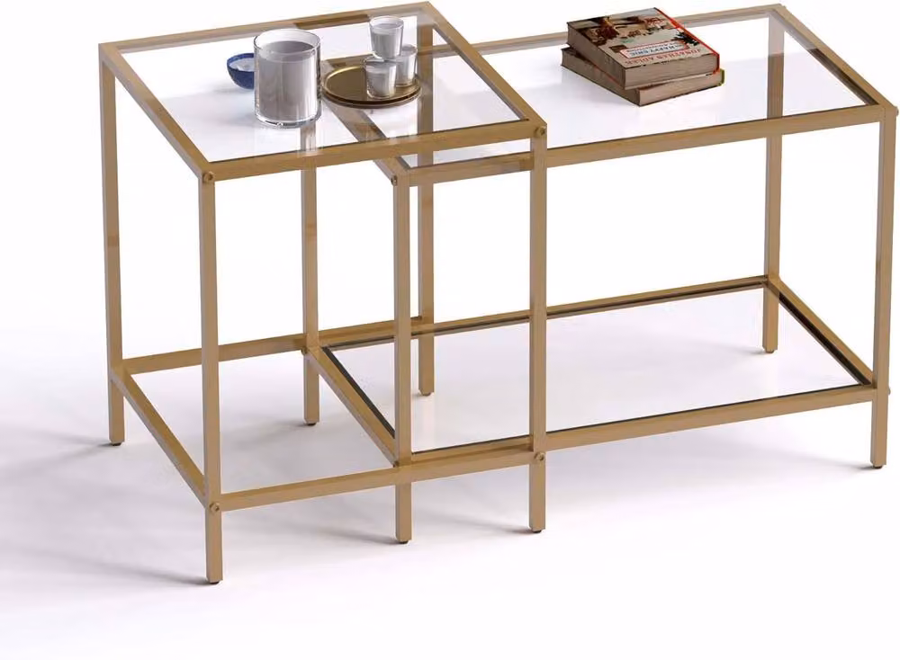 Huhote Set of 2 Modern Nesting Tables with Glass Tops and Gold Metal Frames – 2