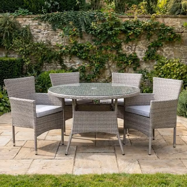 Malay Madrid 4 Seater Rattan Dining Set with Glass Top and Aluminium Frame in Grey