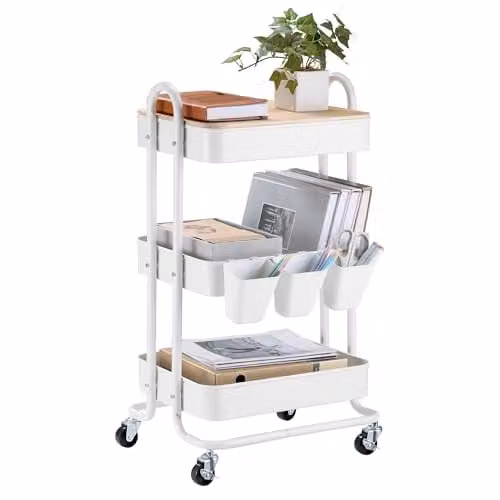 VonHaus 3 Tier White Storage Trolley with Bamboo Wood and Metal Construction, W/D/H: 79.5 x 36.0 x 46.0 cm