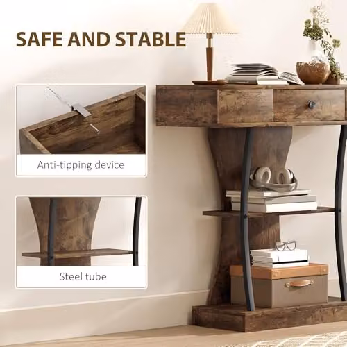 HOMCOM 3-Tier Industrial Console Table with Drawer in Brown and Black, W/D/H: 91 x 32 x 87 cm – 3