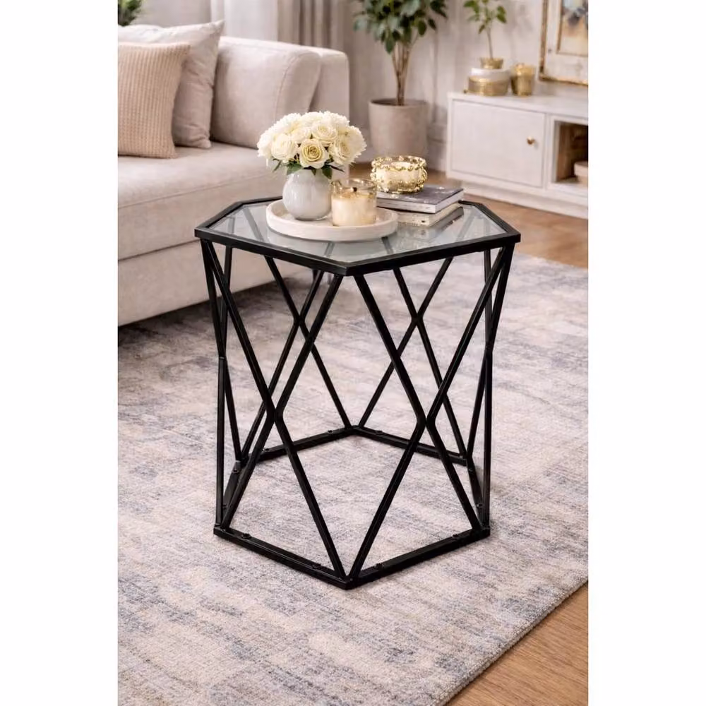 Kelvenix Hexagon Glass Coffee Table in Black and Transparent – 2