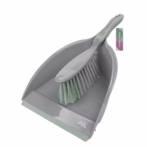 JVL Wall-Mountable Dustpan and Brush Set with Rubber Grip in Grey and Green – 1