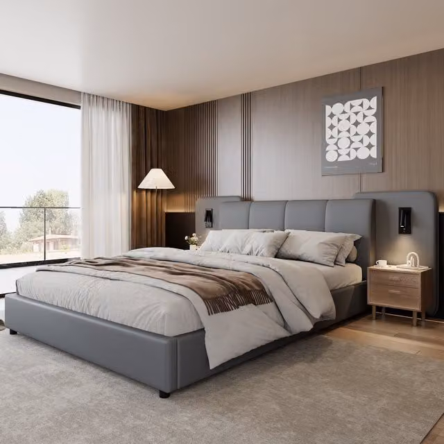 Aosom UK Grey Upholstered Double Bed with USB Charging Port and Under-Bed Lighting, W/D/H: 221 x 209 x 86.5 cm