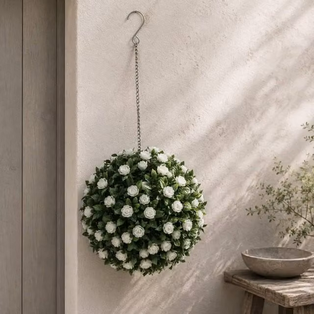 Wyld Haus Set of 2 White UV Resistant Artificial Rose Topiary Balls, Diameter: 28 cm