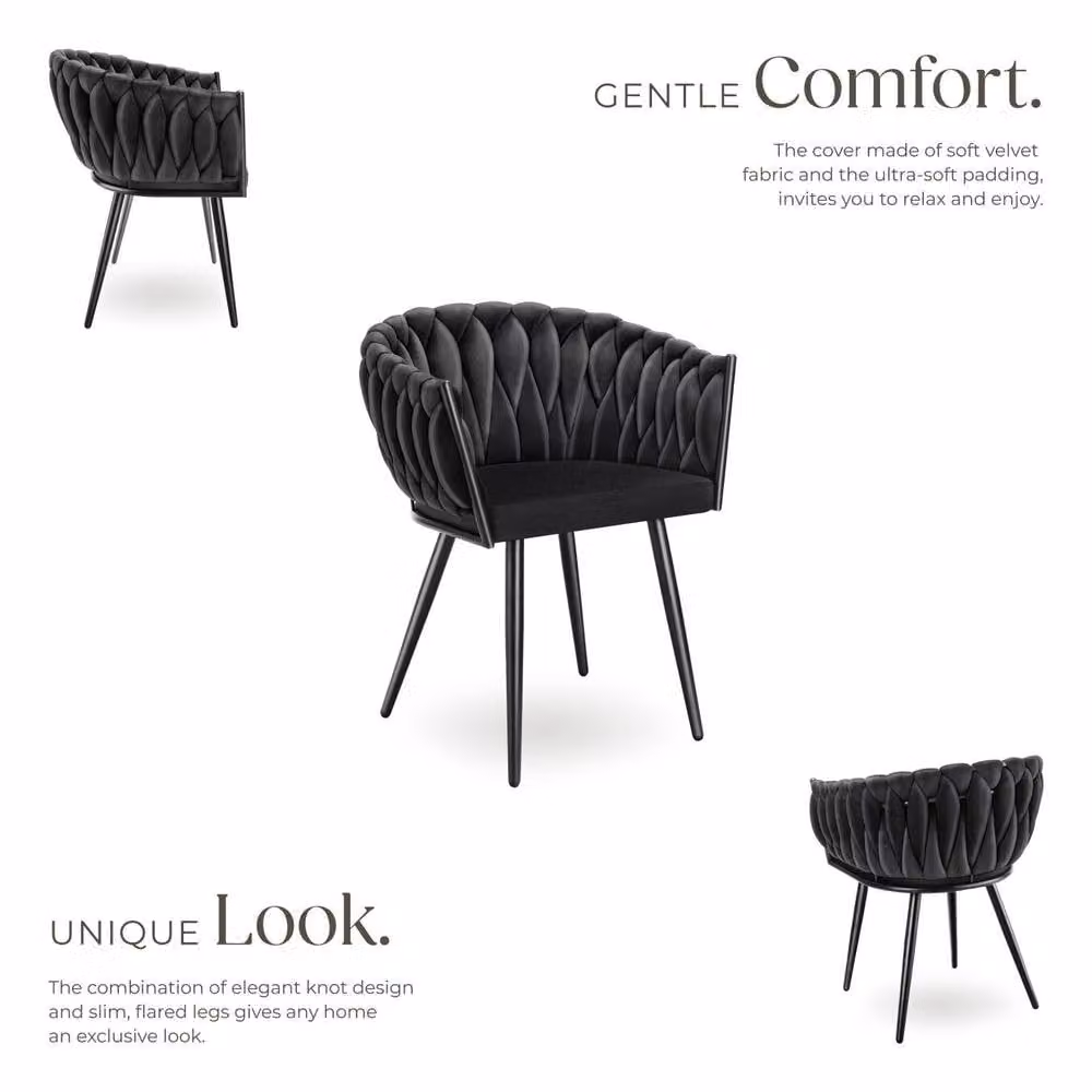 tectake Astano Dining Chair Set of 4, Black Velvet with Metal Frame and Knot Design – 3