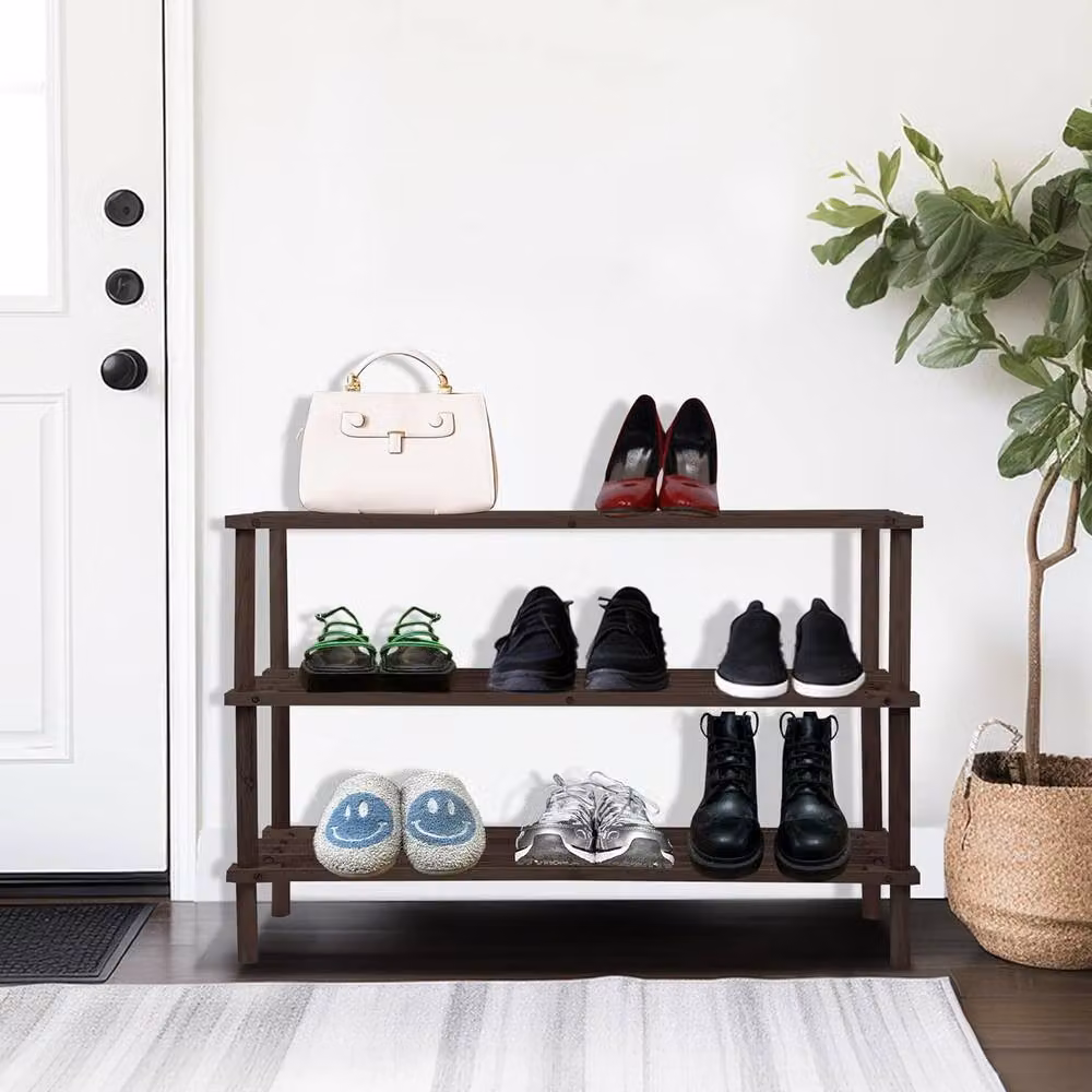 BARGAINS-GALORE 3 Tier Wooden Shoe Rack Footwear Storage Organiser in Dark Brown Oak, W/D/H: 74.0 x 26.5 x 48.5 cm – 2
