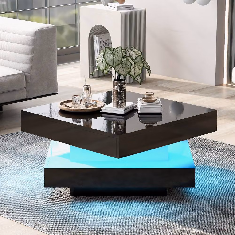 Merax Square High Gloss LED Coffee Table with 360 Degree Rotating Top in Black, W/D/H: 70 x 70 x 36 cm – 2
