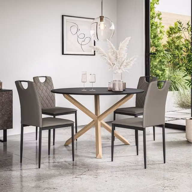 More4Homes Malvern Round Black Dining Table with 4 Grey Monza Faux Leather Chairs and Oak Legs, Diameter: 120 cm, Height: 75 cm