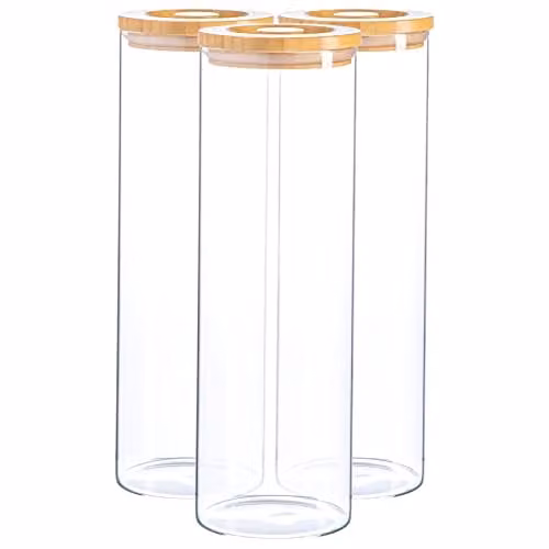 Argon Tableware Scandi Airtight Glass Storage Jars with Wooden Lids, 2 Litre, 3 Pack, Transparent – 1