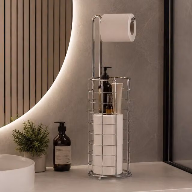 Premier Housewares Orsina Nash Silver Metal Freestanding Toilet Roll Holder and Spare Roll Storer, W/D/H: 16 x 17 x 60 cm – 2