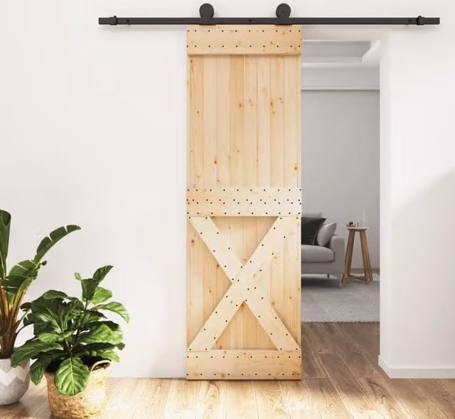 Berkfield Home Rustic Solid Wood Pine Sliding Door with Hardware Set, Brown, W: 70 cm, H: 210 cm