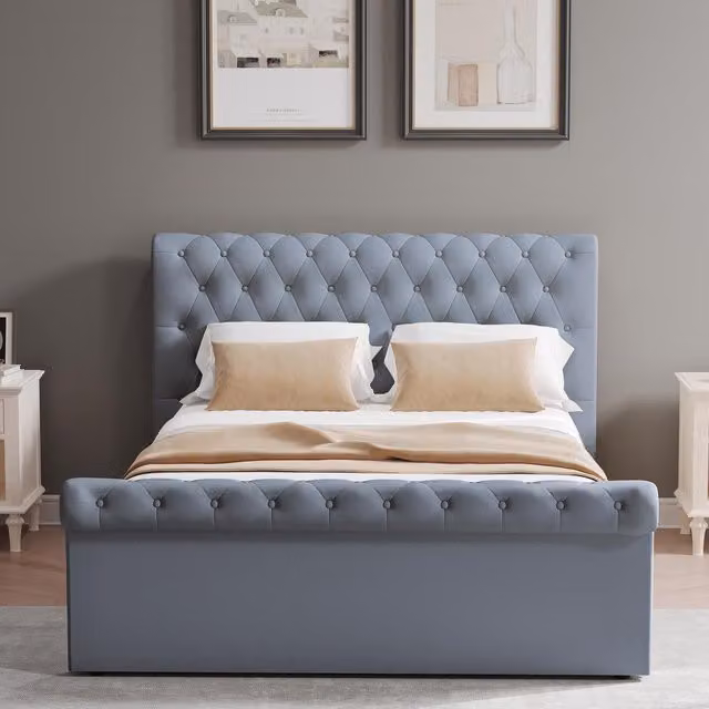FWStyle King Size Upholstered Ottoman Bed Frame with Storage in Steel Grey, W/D/H: 180 x 200 cm