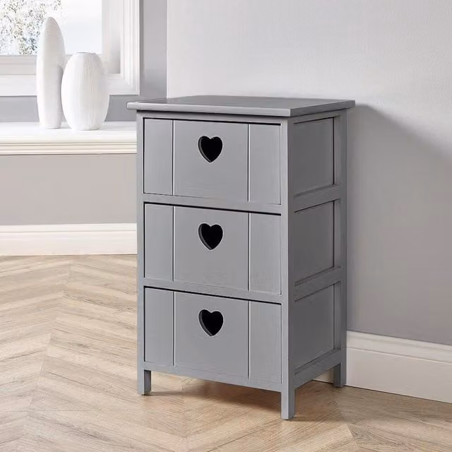 Home Source Lovestack 3 Heart Handle Drawer Chest Storage Unit in Grey and White