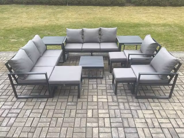 Fimous Aluminium Outdoor Garden Furniture Set in Dark Grey with Lounge Sofa, Coffee Table, Side Tables, Armchairs and Footstools
