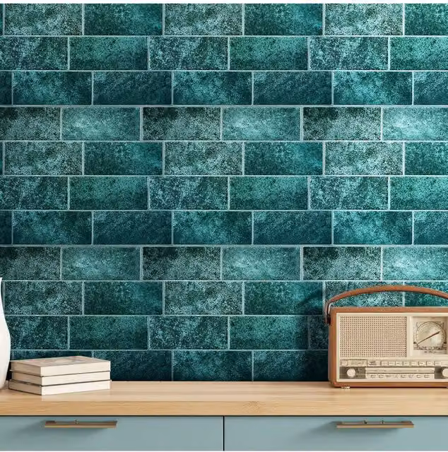 Living and Home 10Pcs 3D Self-Adhesive Stone Effect Subway Tile Wall Stickers in Green – 1