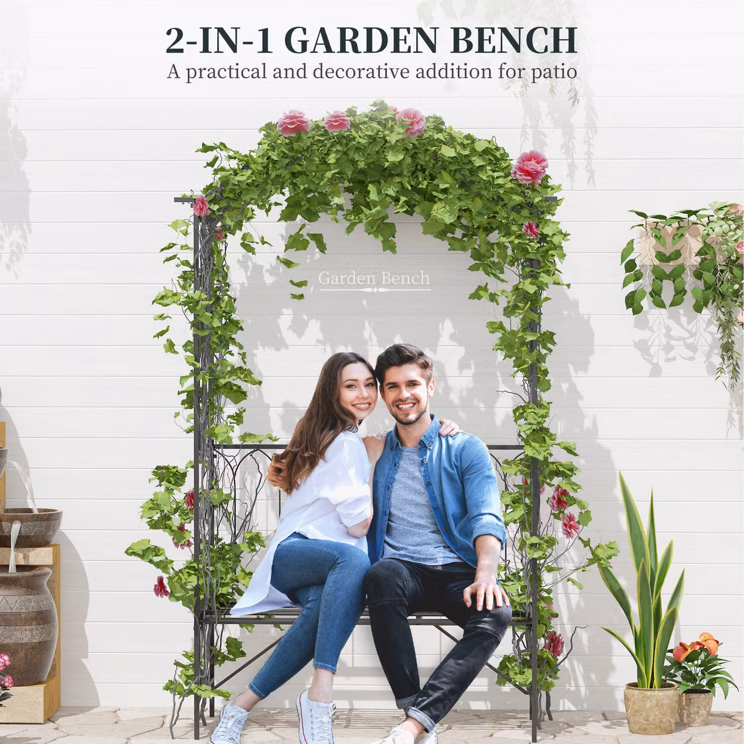 Outsunny Black Metal Garden Arch Bench and Rose Trellis Arbour with 2-Seater Chair, W: 115 cm, D: 50 cm, H: 203 cm – 3
