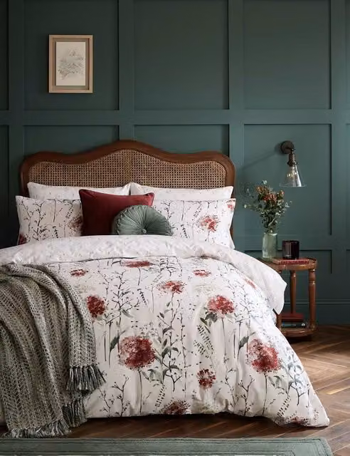 Laura Ashley Pallington Bloom Reversible Floral Cotton Bedding Set, Red and White, W: 180 cm, L: 200 cm