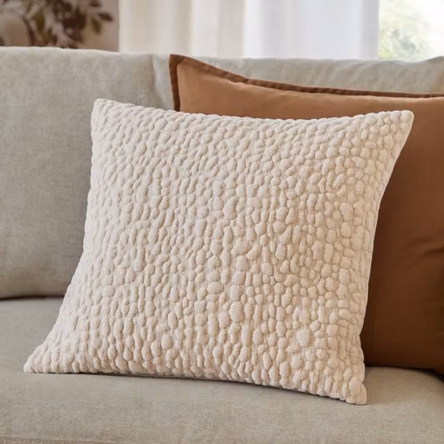 Make It A Home Pebble Textured Chenille Square Cushion in Beige and Yellow with Feather Filling