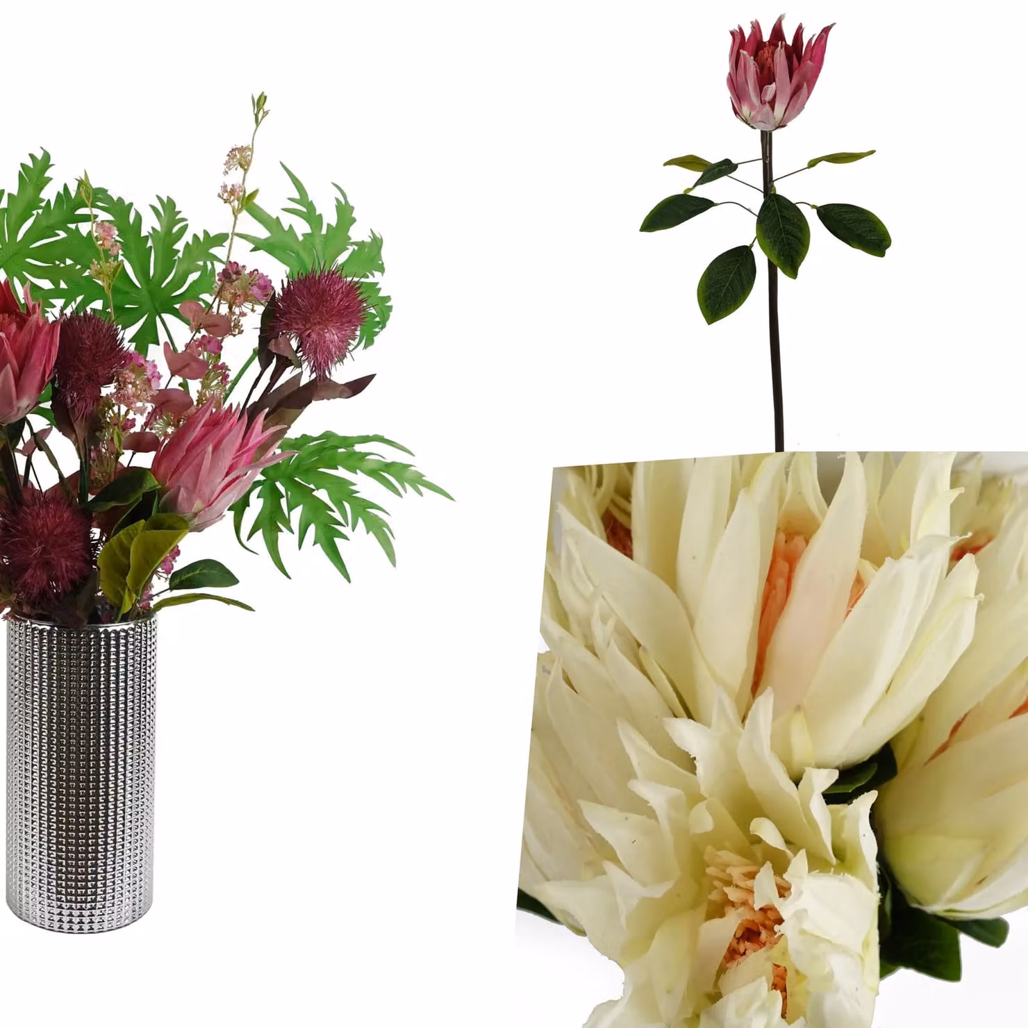 Pegdev Pack of 6 Pink and White Artificial Protea Stems with Silk Petals, Height: 65 cm – 3