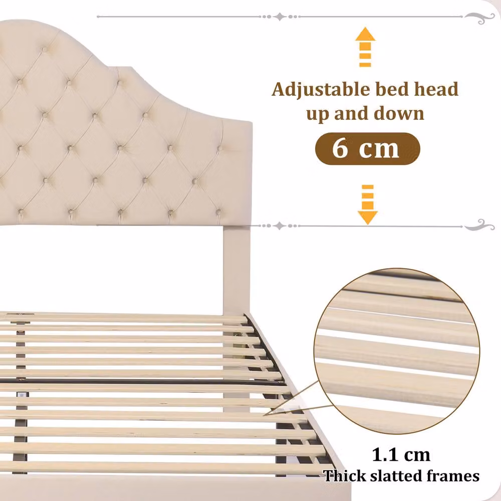 Rolipo Beige Velvet Upholstered Double Bed Frame with Adjustable Headboard, W/D/H: 140 x 200 cm – 3