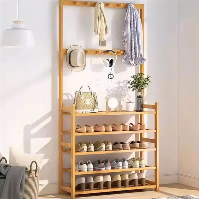 Kelvenix 5-Tier Wooden Hat Coat Stand and Shoe Rack in Brown – 1