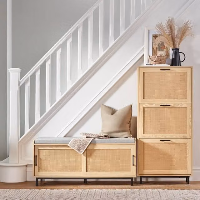 SoBuy Modern Shoe Storage Bench with Rattan Details in Oak Finish – 1