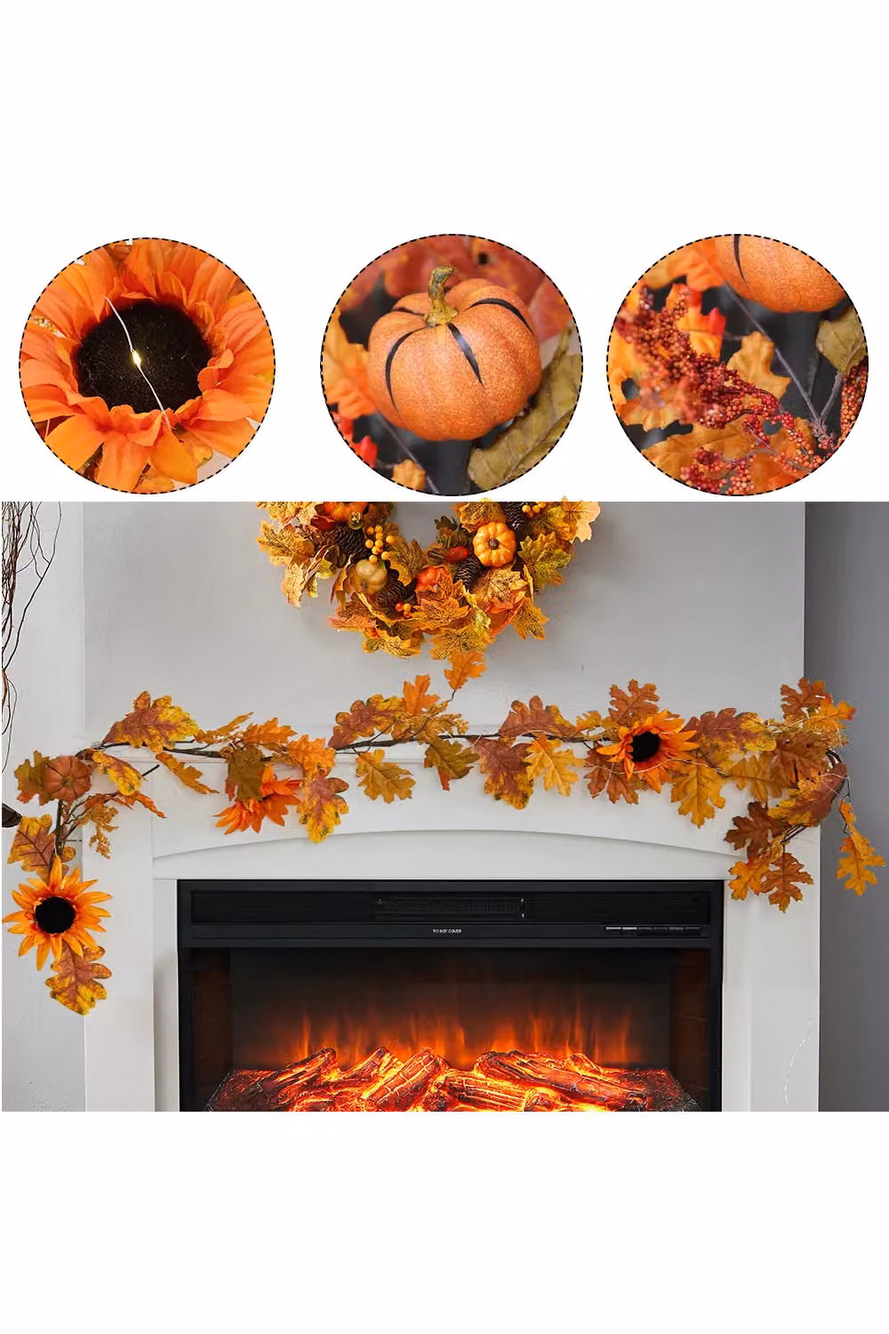 Living and Home Artificial Orange Sunflower Autumn Garland with Warm White LED Lights – 2
