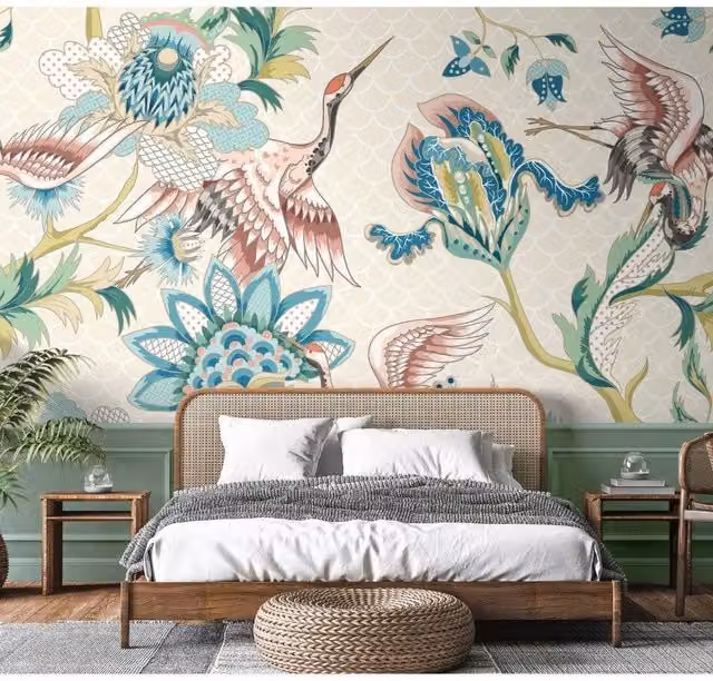 Origin Murals Cranes in Flight Wall Mural in Beige and Multicolour, W: 300 cm, H: 240 cm – 1
