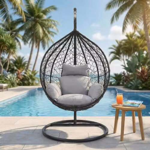 Alivio Grey Rattan Hanging Egg Chair with Stand and Cushions for Garden and Balcony – 6