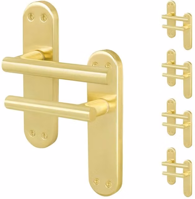 AFIT T-Bar Satin Brass Internal Latch Backplate Handles, Gold, 5 Pairs, W/D/H: 150 x 100 x 17.5 mm – 1