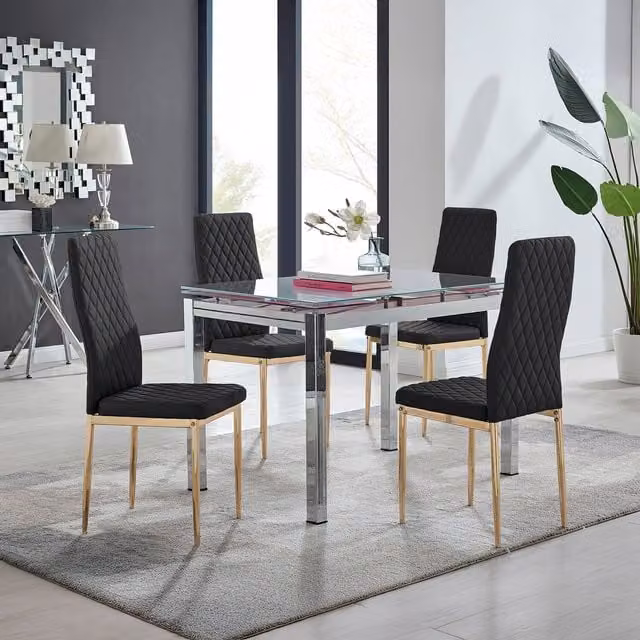 FurnitureboxUK Enna White Glass Extending Rectangular Dining Table and 4 Black Milan Chairs with Gold Legs