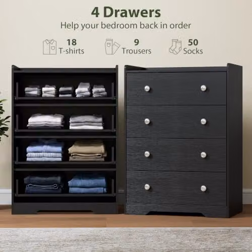HOMCOM Modern 4 Drawer Chest of Drawers, Black Wood Effect Storage Cabinet – 3