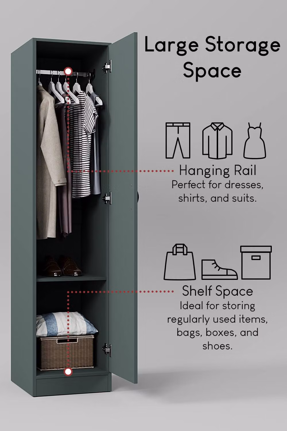 HD Designs Riano Modern 1 Door Wardrobe with Internal Shelves and Hanging Rod in Matt Green – 3