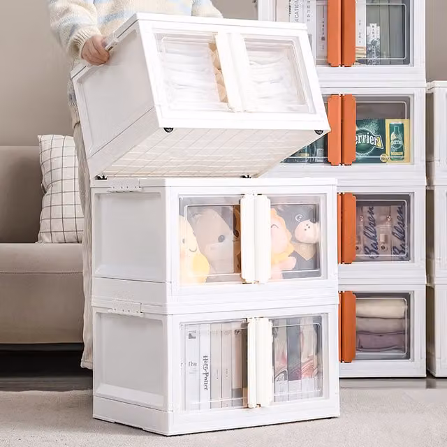Livingandhome Collapsible Double-Door Storage Box with Wheels, White, 56l