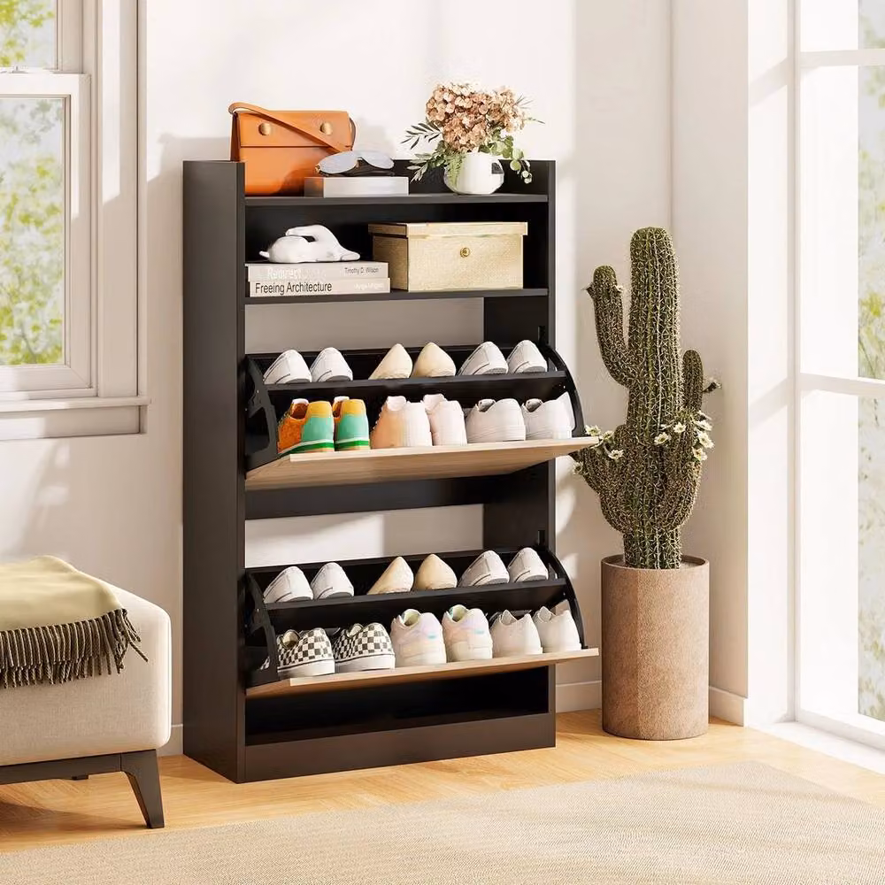 KORVIXA Modern Slim Narrow Shoe Cabinet with Hinged Doors and Open Shelves, Multicolour, W/D/H: 100 x 2 x 100 cm – 3