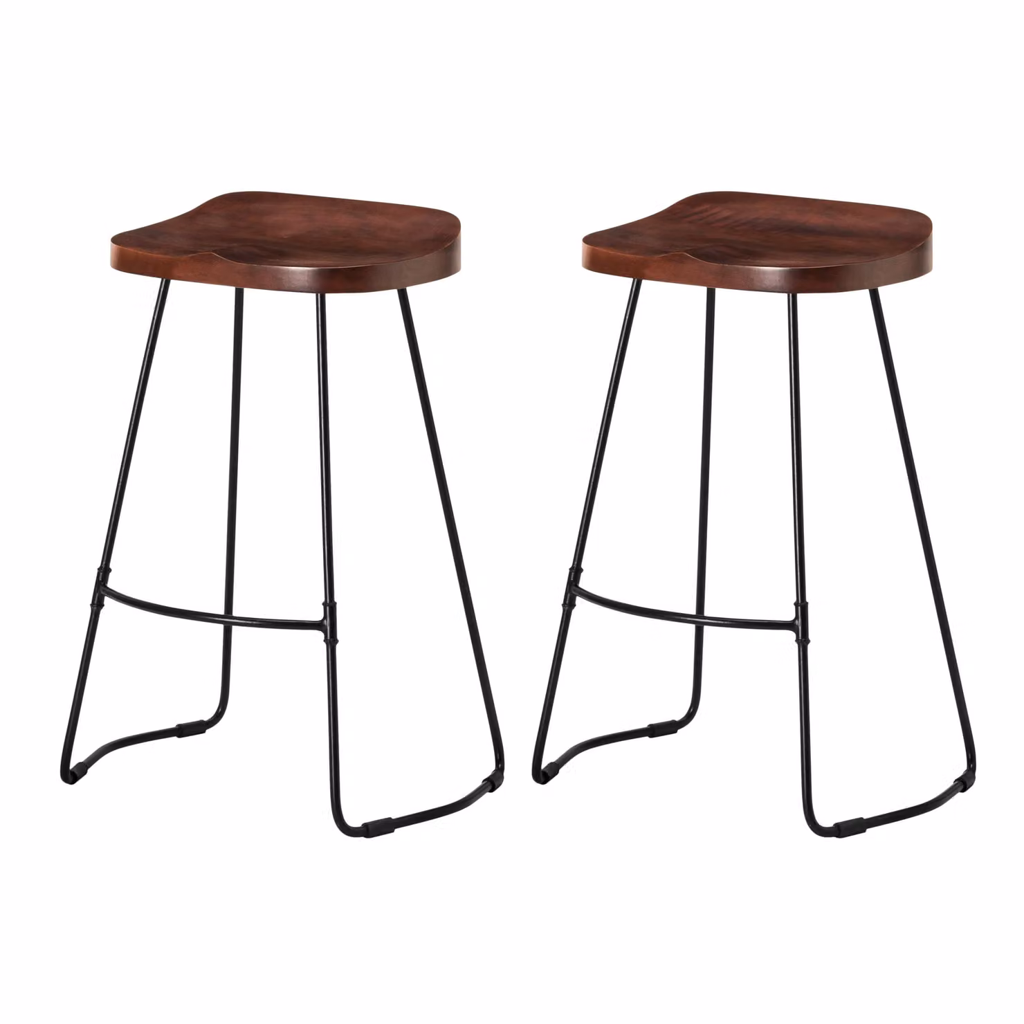 MH London Lara Set of 2 Solid Mango Wood and Iron Kitchen Island Counter Stools with Saddle Seats in Walnut and Black – 2