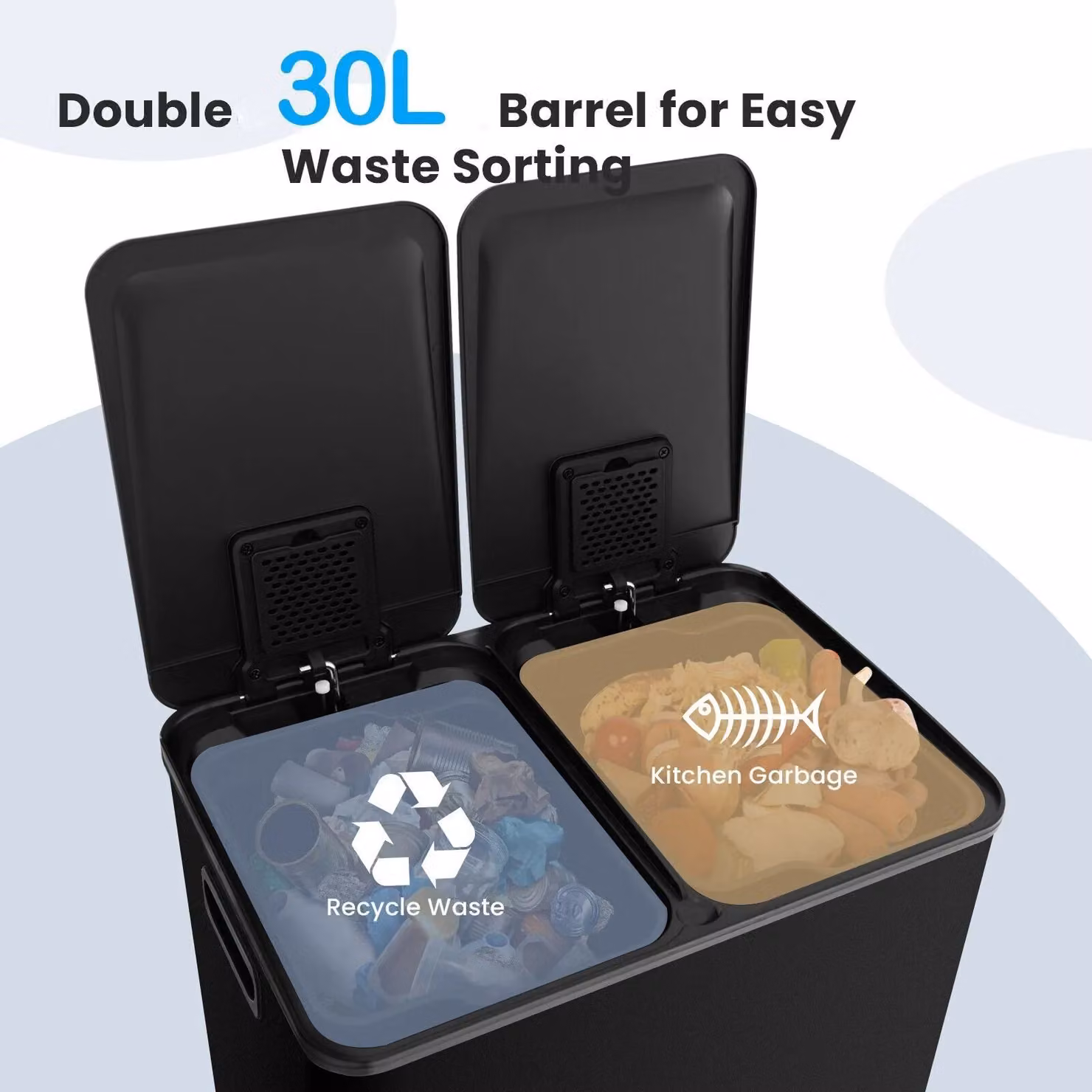 Costway 60L Dual Compartment Pedal Trash Can with 2 x 30L Bins and Odour Filters, Black – 5