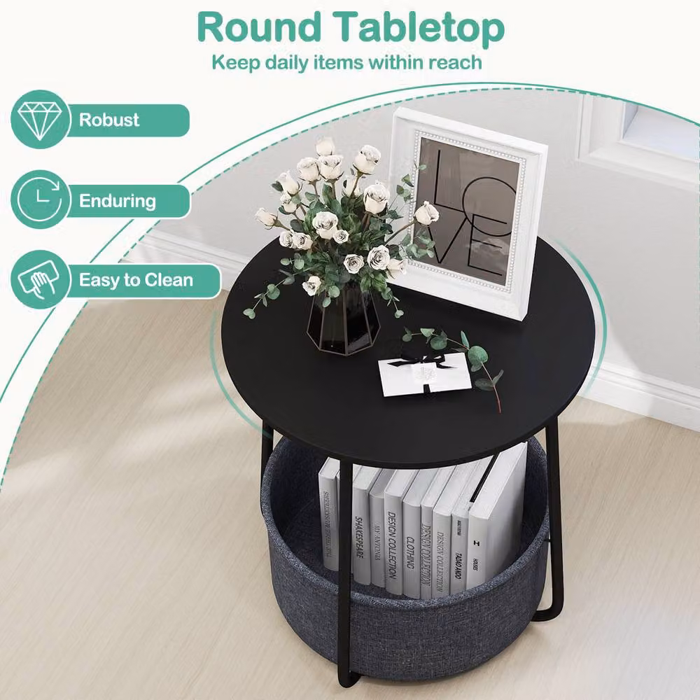 Gymax Modern 2-Tier Round End Table with Fabric Basket in Black – 8
