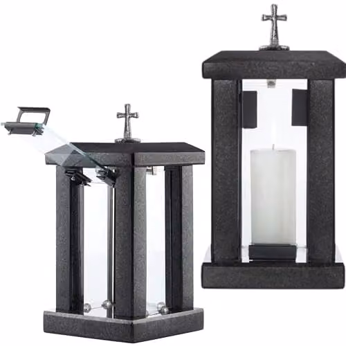 NOVECRAFTO Black Granite Square Memorial Lantern with Cross, Height: 32 cm