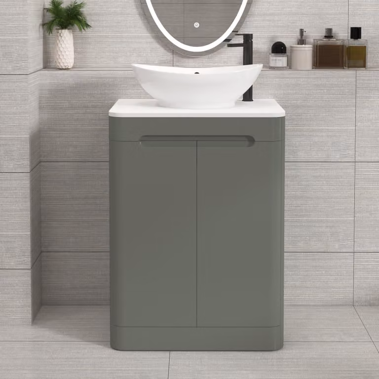 Royal Bathrooms Venice 600mm Sage Green Floor Standing 2 Door Vanity Unit with Plain White Worktop and Amaze Basin