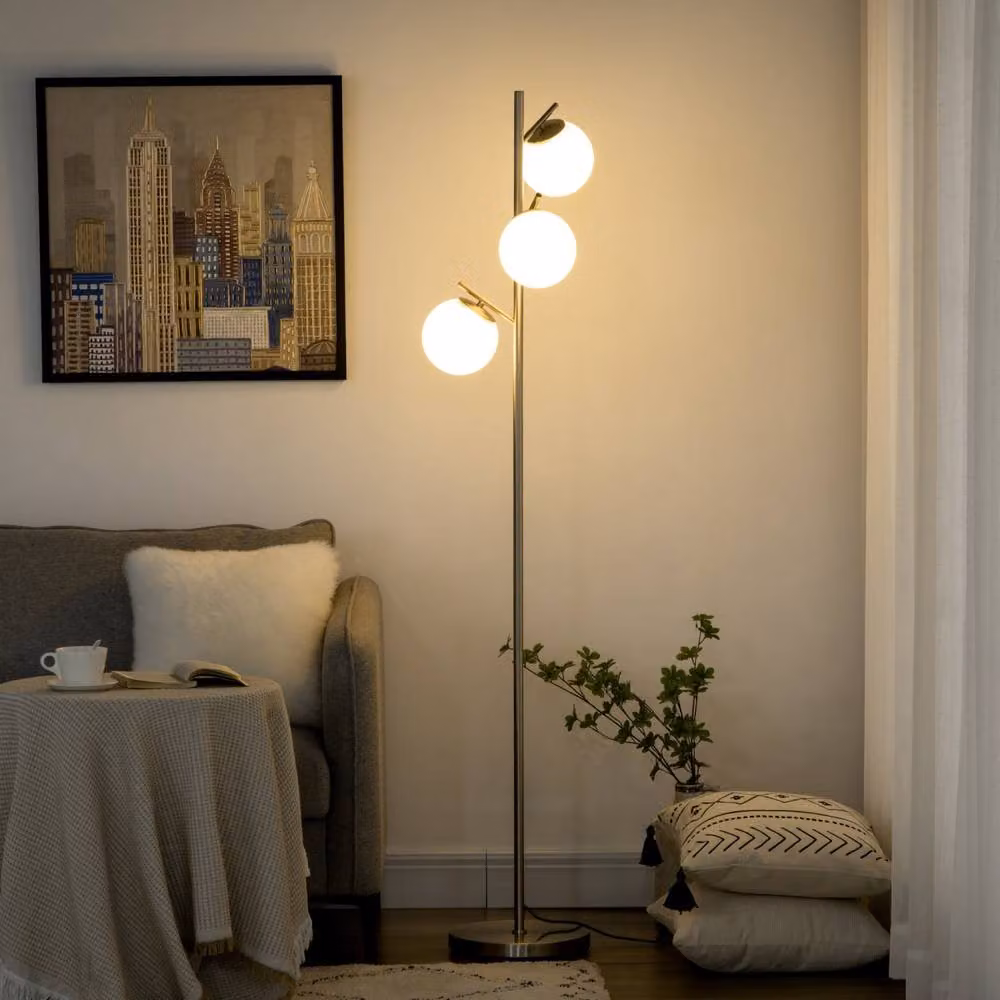 Wyld Haus Moretta 3 Light Silver Floor Lamp with White Glass Globe Shades and Metal Base, Height: 169 cm – 3