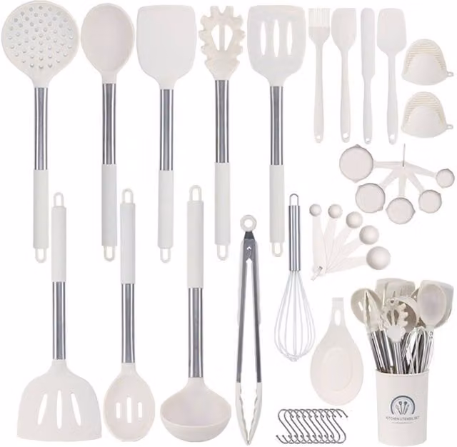 Living and Home 38-Piece Silicone Kitchen Cooking Utensil Set in Soft White